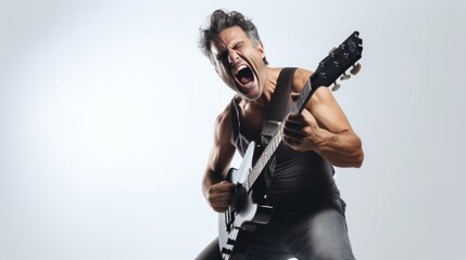 Obraz premium Generative AI Middle-aged male musician, expressing passion and emotion, playing an instrument with fervor, on a plain white backdrop