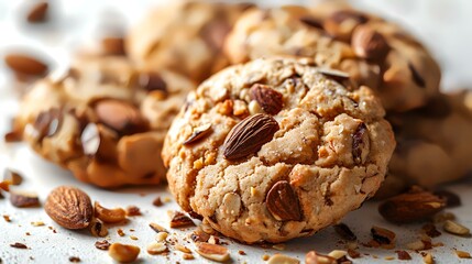Delicious oatmeal cookies with nuts on white table, closeup