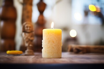 a lit candle with runes carved into the wax