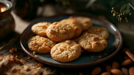 Homemade oatmeal cookies with almonds on a plate, selective focus