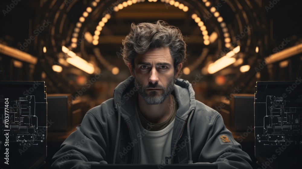 Aufkleber Generative AI Portrait of an auto mechanic with a laptop, conducting diagnostics, using technology for vehicle analysis in a workshop