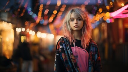 Fototapeta premium Generative AI Portrait of a young girl, street fashion