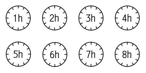 1 to 8 hours time clock icon isolated on white and transparent background. watch hour deadline long lasting time vector illustration 1 2 3 4 5 6 7 8 hours
