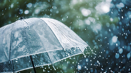 A transparent umbrella under heavy rain, set against a background of water droplets splashing. Illustrating the concept of rainy weather.