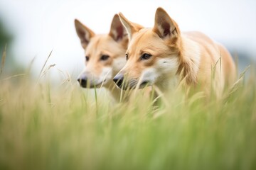 dingo pair positioning for ambush in grass - obrazy, fototapety, plakaty