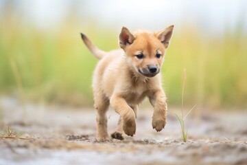 energetic dingo pup practicing hunting skills