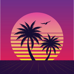Classic retro 80s style tropical sunset with palm tree

