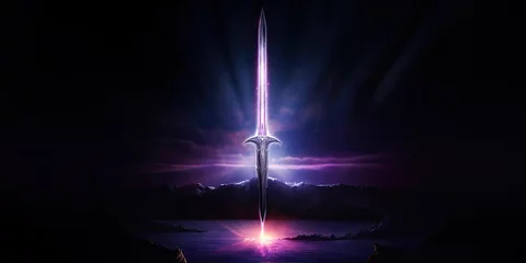 Fotobehang banner of a magical glowing fantasy sword in the night, rays of power © Dianne