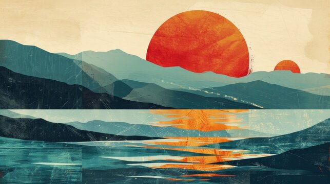1985 Abstract Design with a Blend of Sun, Sea, and Mountains, Enhanced by Beautiful Textures.