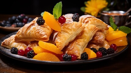 A platter of assorted fruit turnovers with flaky pastry