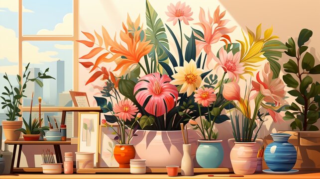 A beautiful painting of flowers in pots and vases in front of a window