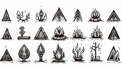 Generative AI Set of detailed campfire icons (barbaric/tribal); printable, monochrome, sharp bold black lines, vector line art, isolated on white background - obrazy, fototapety, plakaty