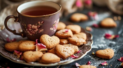 Heart shaped cookies and a cup of tea or coffee on the table, close up. Valentine's day celebration.
