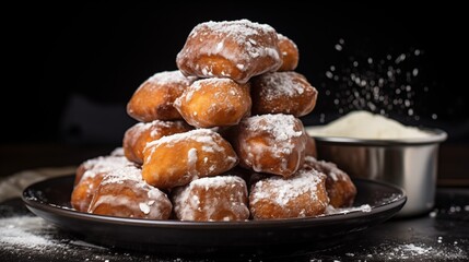 A stack of cinnamon sugar pretzel bites with icing for dipping