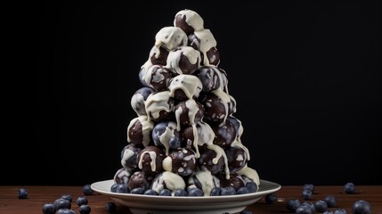 A tower of chocolate-covered blueberry clusters with white chocolate