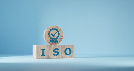 ISO quality control certification concept. wooden cubes with the abbreviation ISO with a check mark. - obrazy, fototapety, plakaty