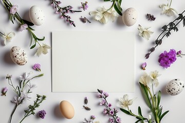 Naklejka na ściany i meble white paper card surrounded by spring flowers and eggs on a white background