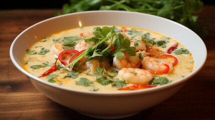 A bowl of spicy Thai coconut shrimp soup with lemongrass