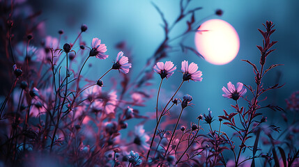 Abstract flower patterns against a moonlit backdrop in shades of mauve pink, violet, and blue, creating a magical and celestial garden - obrazy, fototapety, plakaty