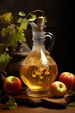 Apple cider vinegar in a glass bottle and fresh red apples.