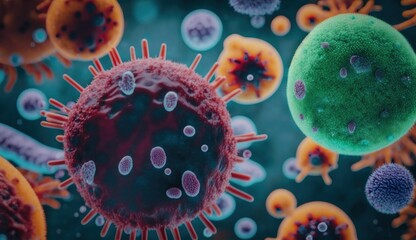 Macro shot of different types of microbes. Virus cells and bacteria on abstract background. - obrazy, fototapety, plakaty