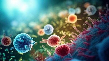Macro shot of different types of microbes. Virus cells and bacteria on abstract background. - obrazy, fototapety, plakaty