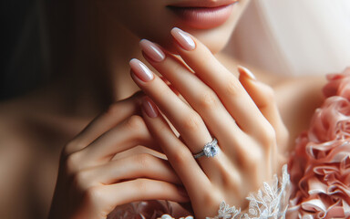 Close-up of the bride's hands and fingers at the wedding hand and engagement ring Woman wearing a white wedding dress