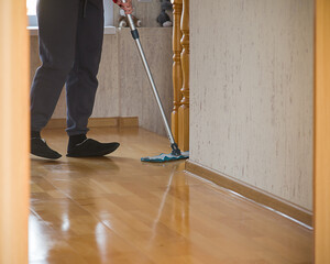 Washing the parquet floor with a mop in the apartment . Routine house chores concept