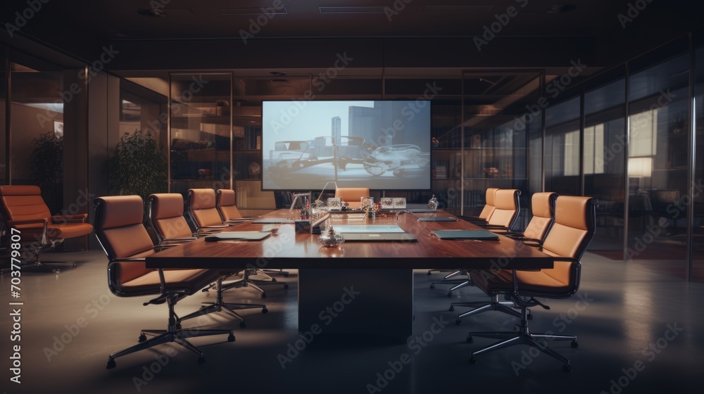 Aufkleber generative ai sophisticated conference room with high-tech presentation facilities.