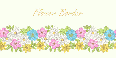 Floral seamless horizontal border, flat vector pattern, decorative element for card, banner, textile print.