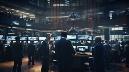Generative AI Stock exchange trading floor with stockbrokers interacting, making deals, and communicating on the phone