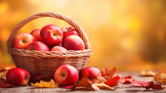 apples in a basket in an autumn garden.Generative AI