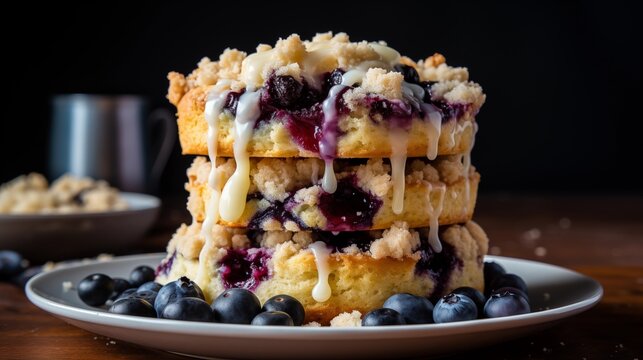 A stack of blueberry almond muffins with a streusel topping