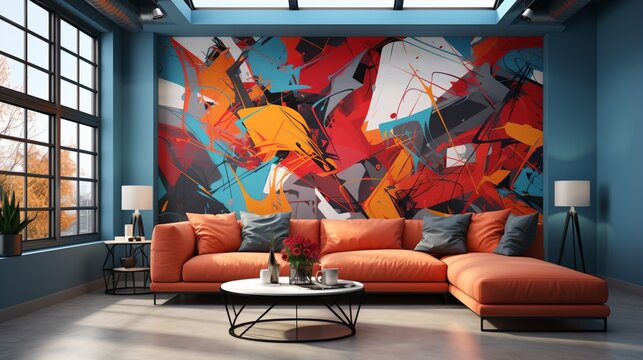 vibrant graffiti wall mural living room interior