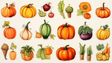 Generative AI Thanksgiving-themed grocery art sticker collection featuring pumpkins, cranberries, and seasonal vegetables in atmospheric watercolor tones with loose linework details