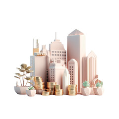 Sky scraper and stack of coins, Pastel background. 3D rendering. Financial and investment business concepts