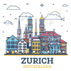Outline Zurich Switzerland City Skyline with colored Modern and Historic Buildings Isolated on White. Zurich Cityscape with Landmarks.
