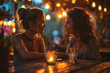 Two lesbian women on a date in a cafe - obrazy, fototapety, plakaty