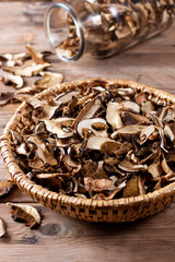 Dried mushrooms sliced, on a plate on wooden background