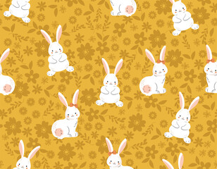 Easter pattern  rabbit bunny, eggs, flowers. Vector Seamless spring seamless background - 703781639