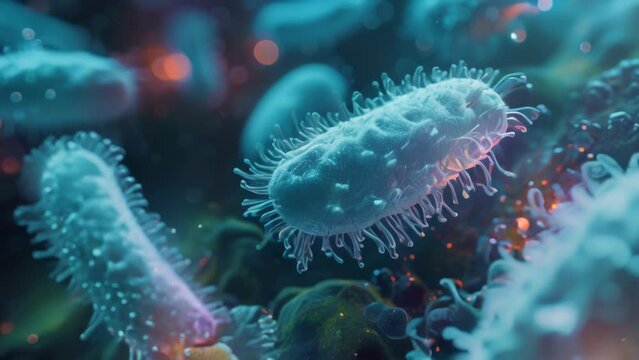 Unicellular bacteria under a microscope macro footage animation