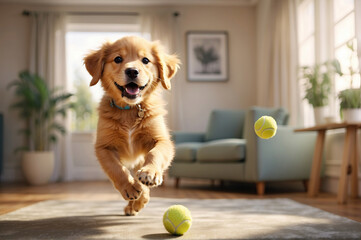golden retriever puppy playing with ball in a living room - obrazy, fototapety, plakaty