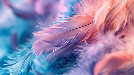 Delicate feather patterns in soft hues of pink, violet, and blue, creating a whimsical and ethereal background with a touch of delicacy. - obrazy, fototapety, plakaty