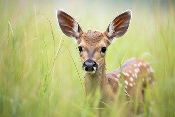young elk calf hiding in tall grass