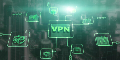 VPN Virtual Private network protocol. Business, Technology, Internet. Cyber security and privacy connection on city background