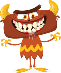 Cartoon scary monster with funny face expression waving hands . Vector illustration isolated on white. Halloween design