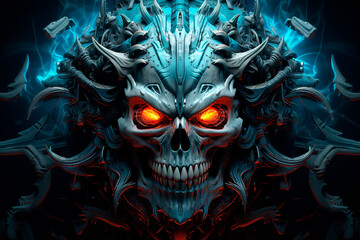 A blue demon skull with glowing eyes. Generative AI