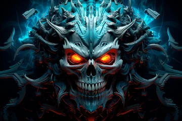Fotobehang A blue demon skull with glowing eyes. Generative AI © Oleksandr