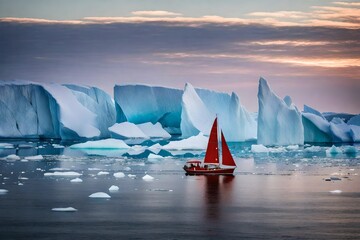 Little red sailboat cruising among floating icebergs in Disko Bay glacier during midnight sun season of polar summer