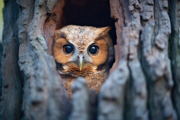 an owl peering out from a tree cavity at dusk - obrazy, fototapety, plakaty